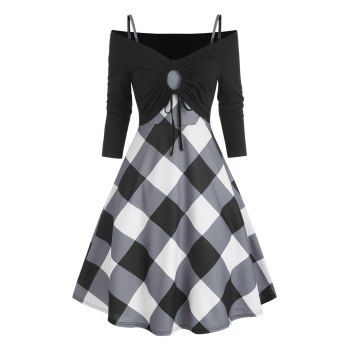 

Vintage Plaid Checked Cami Flare Dress and Off Shoulder Drawstring Tied Top Set, Black