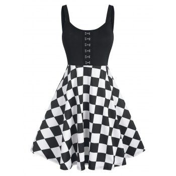 

Checkerboard Plaid Hook Front A Line Flare Cami Dress, Black