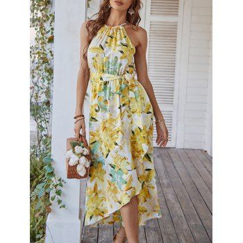 

Floral Print High Low Flounced Dress, Light yellow