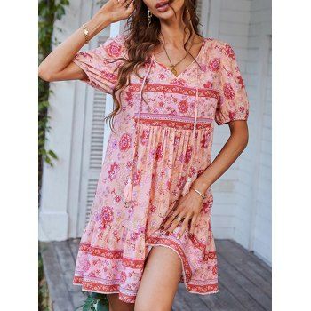 

Tie Collar Bohemian Printed Mini Dress, Light pink