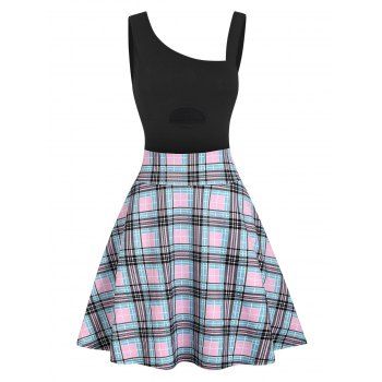 

Plaid Skew Neck Plaid Keyhole Dress, Black