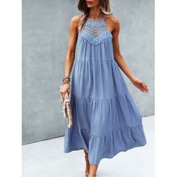 

Lace Panel Tie Shoulder Tiered Dress, Light blue