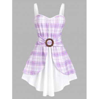 

Plaid Print Faux Twinset Mini Dress Colorblock O Ring Twofer Dress Asymmetric Hem A Line 2 In 1 Dress, Light purple