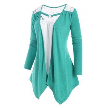 

Draped Crochet Yoke Colorblock Handkerchief Twofer Long Sleeve T-shirt, Light green