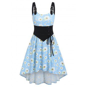 

Daisy Print Sundress Buckle Strap Lace Up Dip Hem Dress, Light blue