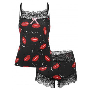 

Heart Lip Print Lace Insert Bowknot Pajama Shorts Set, Red