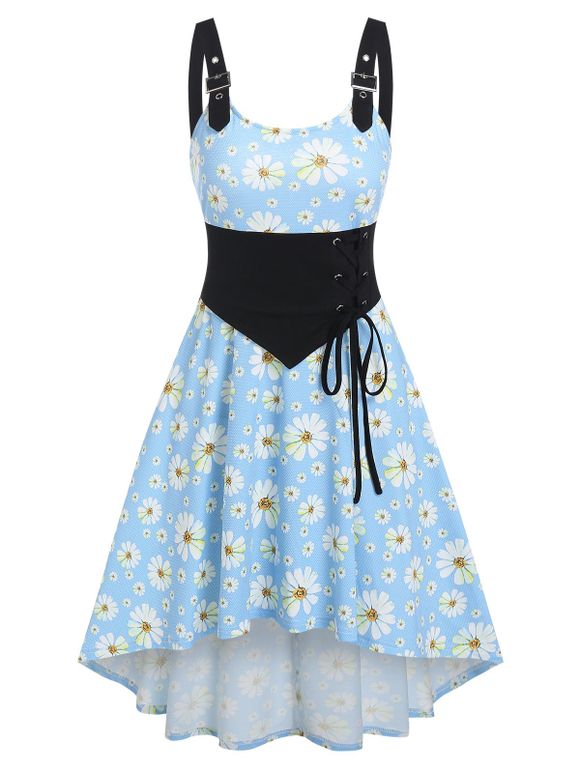 Daisy Print Sundress Buckle Strap Lace Up Dip Hem Dress - LIGHT BLUE XXXL