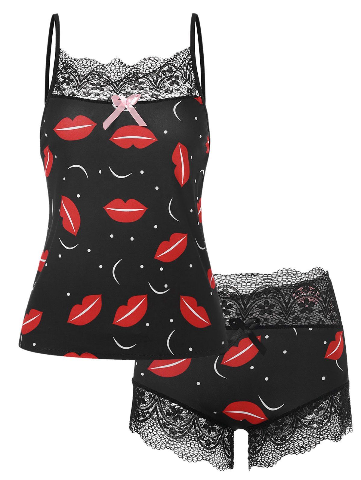 Heart Lip Print Lace Insert Bowknot Pajama Shorts Set - RED S