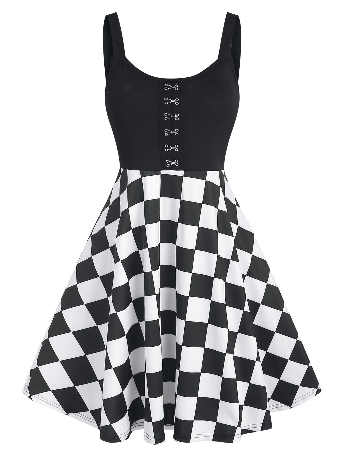 Checkerboard Plaid Hook Front A Line Flare Cami Dress - BLACK XL