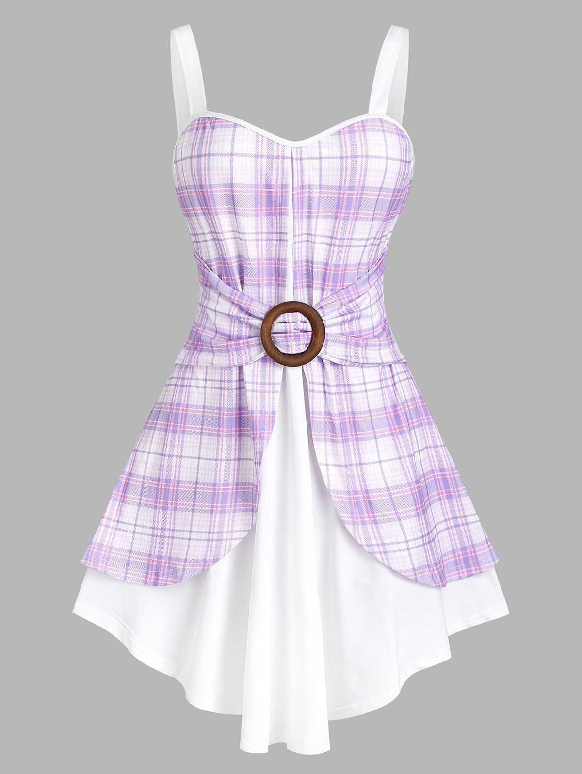 Plaid Print Faux Twinset Mini Dress Colorblock O Ring Twofer Dress Asymmetric Hem A Line 2 In 1 Dress - LIGHT PURPLE M