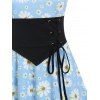 Daisy Print Sundress Buckle Strap Lace Up Dip Hem Dress - LIGHT BLUE XXXL