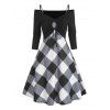 Vintage Plaid Checked Cami Flare Dress and Off Shoulder Drawstring Tied Top Set - BLACK XL