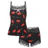 Heart Lip Print Lace Insert Bowknot Pajama Shorts Set - RED XXL