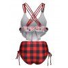 Bohemian Tankini Swimsuit Floral Plaid Print Swimwear Cinched Crisscross Tummy Control Bathing Suit - RED 3XL