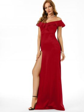Off The Shoulder Evening Dress High Slit Maxi Dress Flounce Floor-length Prom Dress