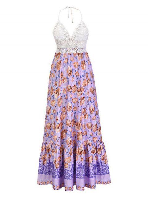 Bohemian Crochet Panel Floral Print Fringed Contrast Backless Long Beach Dress
