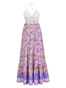 Bohemian Crochet Panel Floral Print Fringed Contrast Backless Long Dress