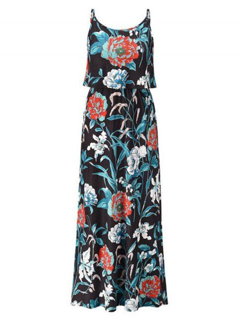 Bohemian Vacation Dress Flower Print Maxi Sundress Layer Adjustable Strap Backless Long Dress
