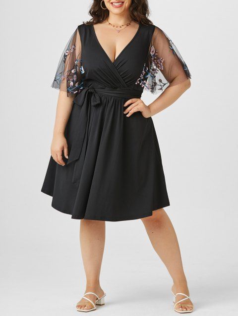 Plus Size Surplice Tulle Embroidered Sheer Sleeve Dress