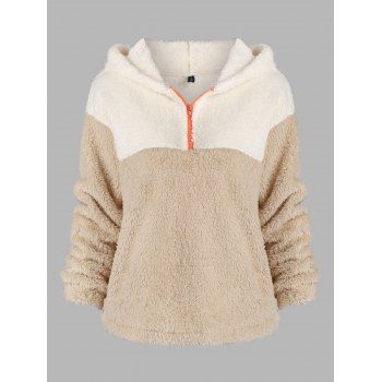 

Fluffy Quarter Zip Drop Shoulder Colorblock Hoodie, Apricot