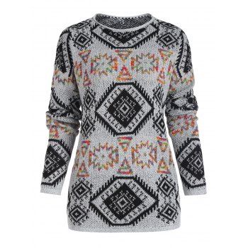 

Geo Graphic Rolled Edge Drop Shoulder Sweater, Dark gray