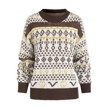 

Tribal Allover Print Crew Neck Sweater, Deep coffee