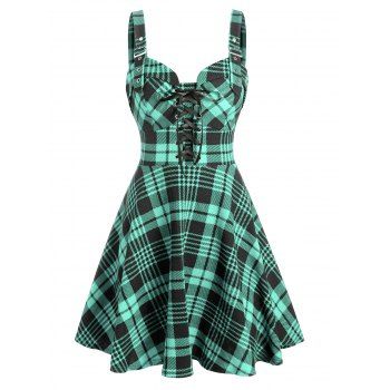 

Summer Vintage Plaid Print Lace-up Buckle Corset Style Strap Mini Dress, Light green