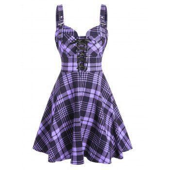 

Summer Vintage Plaid Print Lace-up Buckle Corset Style Strap Mini Dress, Purple