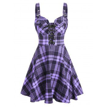 Women Plaid Print Lace-up Buckle Corset Style Strap Sleeveless Dress Clothing 3xl Purple