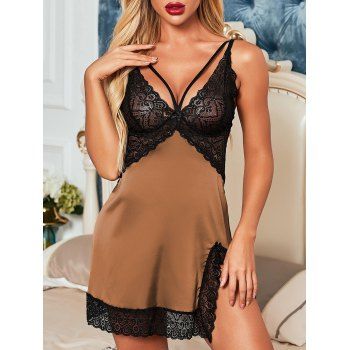 

Lace Insert Slit Bowknot Ladder Cut Lingerie Dress, Coffee