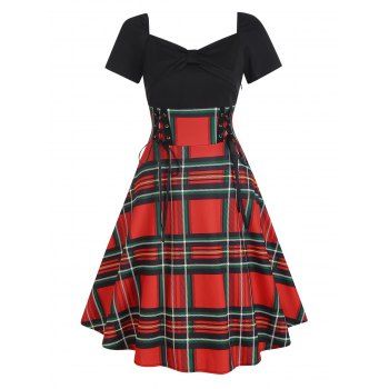 

Plaid Corset Waist Lace Up Kotted A Line Dress, Red