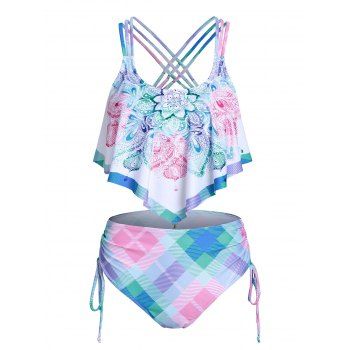 

Bohemian Tankini Swimsuit Floral Plaid Print Swimwear Cinched Crisscross Tummy Control Bathing Suit, Multicolor