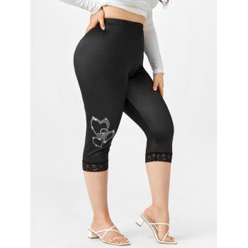 

Plus Size Heart Print Lace Hem Capri Leggings, Black