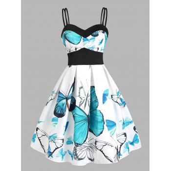 

Summer Vacation Butterfly Print Empire Waist Dual Straps A Line Dress, Light blue