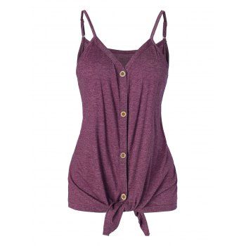 

Button Up Front Tied V Neck Strappy Heathered Camisole, Purple