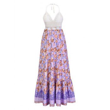 

Bohemian Crochet Panel Floral Print Fringed Contrast Backless Long Beach Dress, Purple