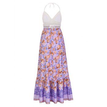 Bohemian Crochet Panel Floral Print Fringed Contrast Backless Long Dress