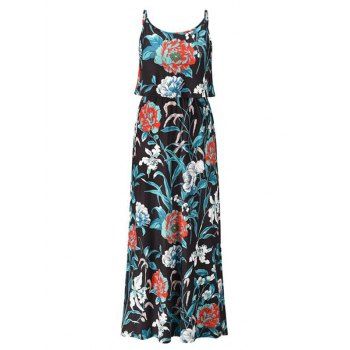 

Bohemian Vacation Dress Flower Print Maxi Sundress Layer Adjustable Strap Backless Long Dress, Blue