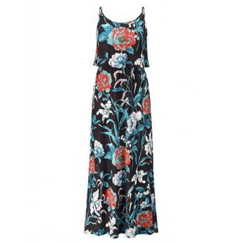 

Flower Print Layer Adjustable Strap Long Dress, Blue