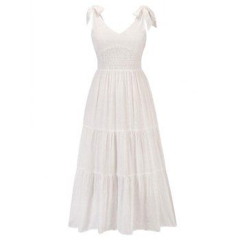 

Swiss Dot Tie Shoulder Smocked Empire Waist Tiered Flowy Midi Dress, White