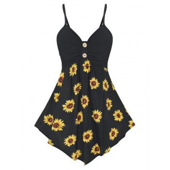 

Ruched Sunflower Print Asymmetric Tank Top, Black