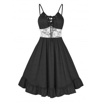 

Flower Lace Panel A Line Dress Lace Up Flounced Hem Adjustable Spaghetti Strap Dress, Black