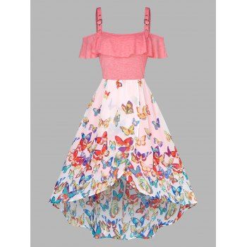 Ruffled Cold Shoulder Butterfly Print High Low Dress