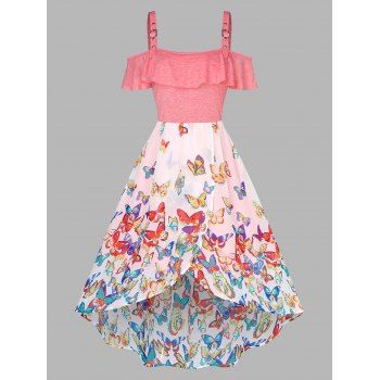 

Ruffled Cold Shoulder Butterfly Print High Low Dress, Light pink