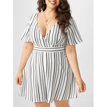 

Plus Size Striped Surplice Wide Leg Romper, White