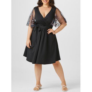 

Plus Size Surplice Tulle Embroidered Sheer Sleeve Dress, Black