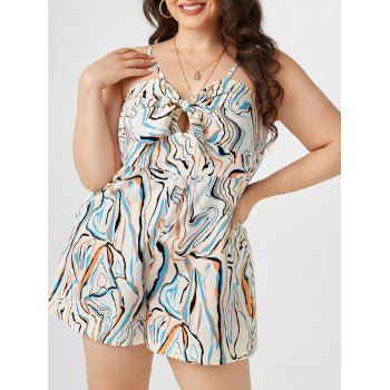 

Plus Size Marble Print Cutout Bowknot Romper, White