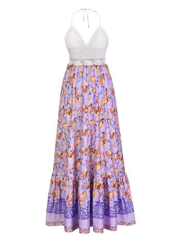 Bohemian Crochet Panel Floral Print Fringed Contrast Backless Long Dress - PURPLE XL