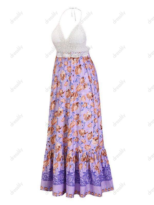 Bohemian Crochet Panel Floral Print Fringed Contrast Backless Long Dress 