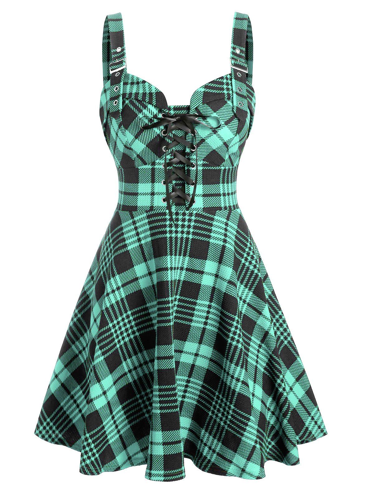 Plaid Print Lace-up Buckle Strap Sleeveless Dress - LIGHT GREEN 2XL